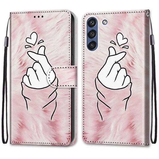 For Samsung Galaxy S21 FE Coloured Drawing Cross Texture Horizontal Flip PU Leather Case with Holder & Card Slots & Wallet & Lanyard(Pink Hands Heart) by buy2fix