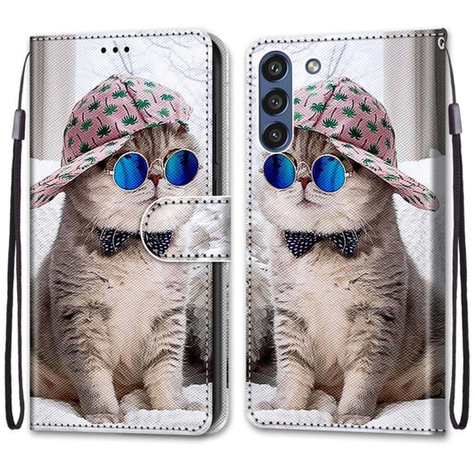 For Samsung Galaxy S21 FE Coloured Drawing Cross Texture Horizontal Flip PU Leather Case with Holder & Card Slots & Wallet & Lanyard(Slant Hat Blue Mirror Cat) by buy2fix