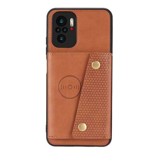 For Xiaomi Redmi Note 10 Double Buckle PU + TPU Shockproof Magnetic Protective Case with Card Slot & Holder(Brown) by buy2fix