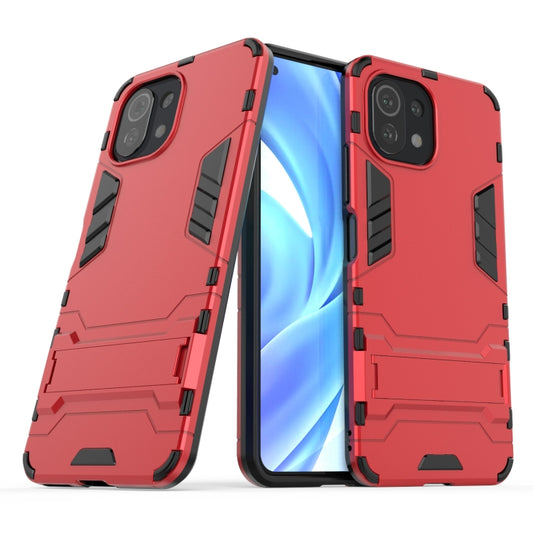 For Xiaomi Mi 11 Lite Shockproof PC + TPU Protective Case with Hidden Holder(Red) by buy2fix