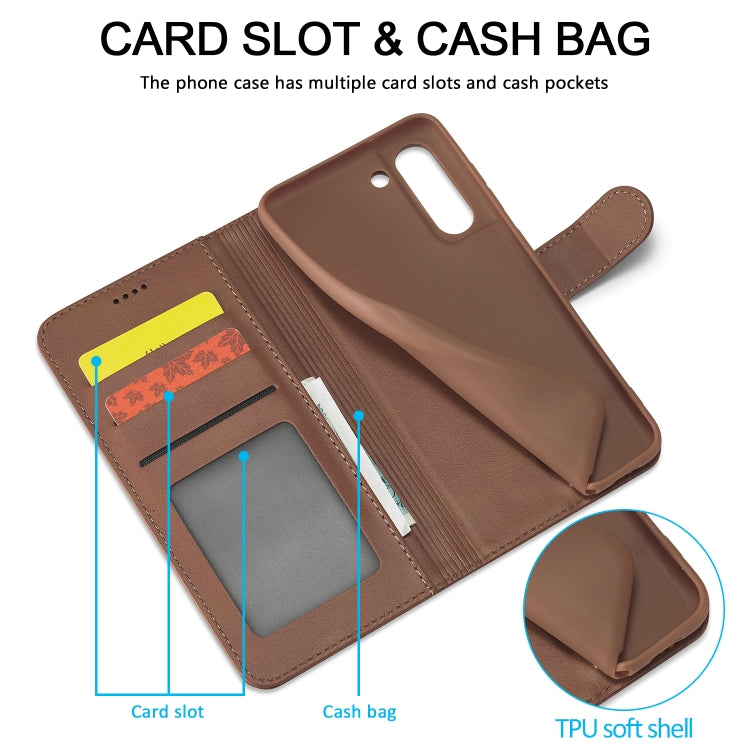 For Samsung Galaxy S21 FE LC.IMEEKE Calf Texture Horizontal Flip Leather Case, with Holder & Card Slots & Wallet(Coffee) - Galaxy Phone Cases by LC.IMEEKE | Online Shopping UK | buy2fix