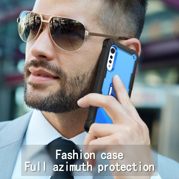 For LG Velvet PC + Rubber 3-layers Shockproof Protective Case with Rotating Holder(Black + Blue) - LG Cases by buy2fix | Online Shopping UK | buy2fix