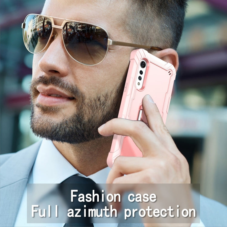 For LG Velvet PC + Rubber 3-layers Shockproof Protective Case with Rotating Holder(Rose Gold) by buy2fix