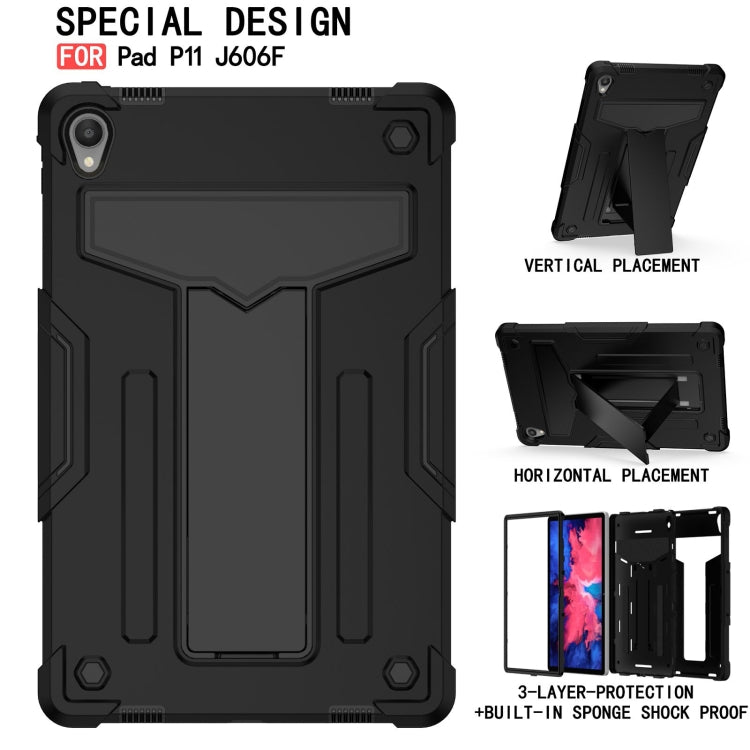 For Lenovo Tab P11 (Tab-J606F) T-shaped Bracket Contrast Color Shockproof PC + Silicone Flat Protective Case(Black) - Lenovo by buy2fix | Online Shopping UK | buy2fix