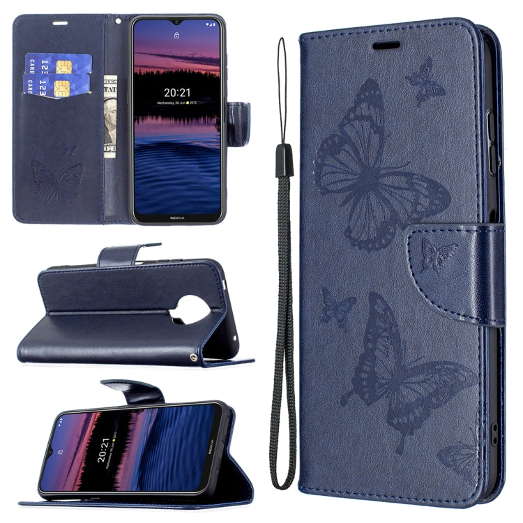 For Nokia G20 / G10 Embossing Two Butterflies Pattern Horizontal Flip PU Leather Case with Holder & Card Slot & Wallet & Lanyard(Dark Blue) - Nokia Cases by buy2fix | Online Shopping UK | buy2fix