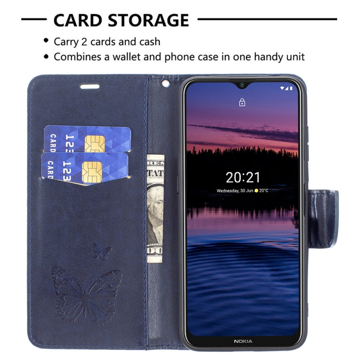 For Nokia G20 / G10 Embossing Two Butterflies Pattern Horizontal Flip PU Leather Case with Holder & Card Slot & Wallet & Lanyard(Dark Blue) - Nokia Cases by buy2fix | Online Shopping UK | buy2fix