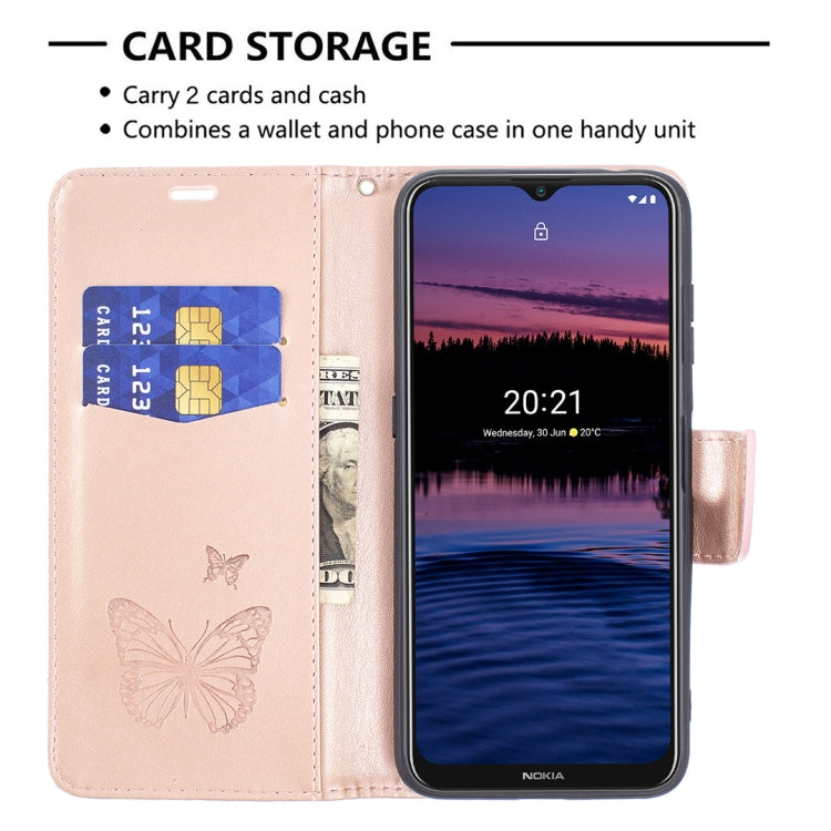 For Nokia G20 / G10 Embossing Two Butterflies Pattern Horizontal Flip PU Leather Case with Holder & Card Slot & Wallet & Lanyard(Rose Gold) - Nokia Cases by buy2fix | Online Shopping UK | buy2fix