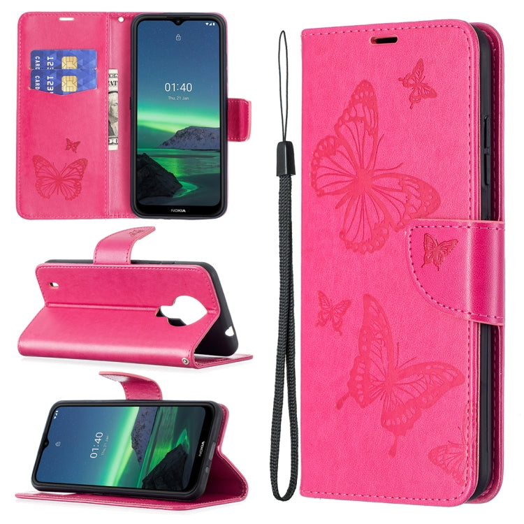 For Nokia 1.4 Embossing Two Butterflies Pattern Horizontal Flip PU Leather Case with Holder & Card Slot & Wallet & Lanyard(Rose Red) - Nokia Cases by buy2fix | Online Shopping UK | buy2fix
