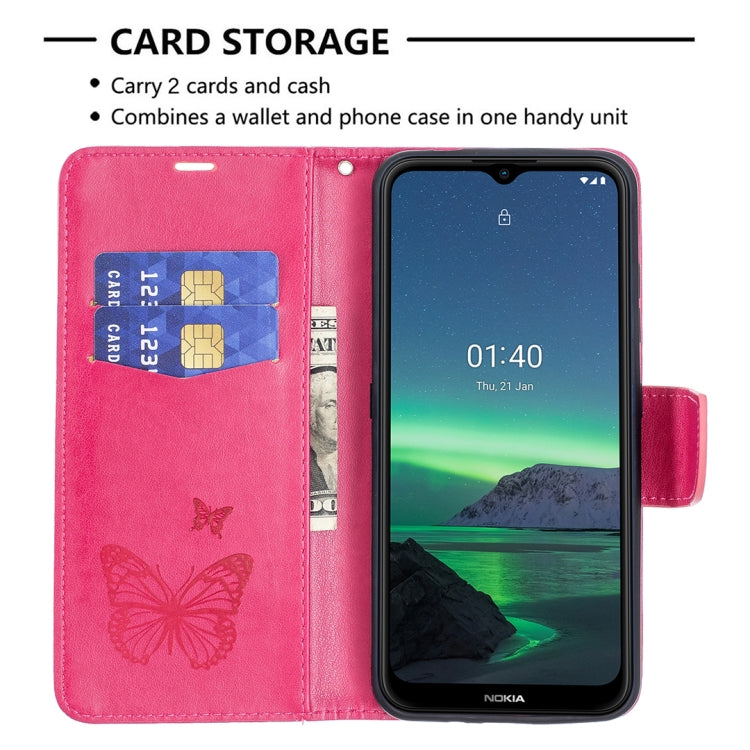 For Nokia 1.4 Embossing Two Butterflies Pattern Horizontal Flip PU Leather Case with Holder & Card Slot & Wallet & Lanyard(Rose Red) - Nokia Cases by buy2fix | Online Shopping UK | buy2fix