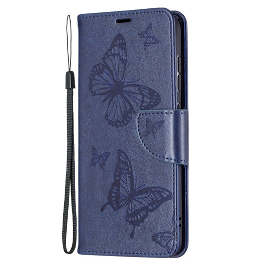 For Samsung Galaxy S21 FE Embossing Two Butterflies Pattern Horizontal Flip PU Leather Case with Holder & Card Slot & Wallet & Lanyard(Dark Blue) by buy2fix