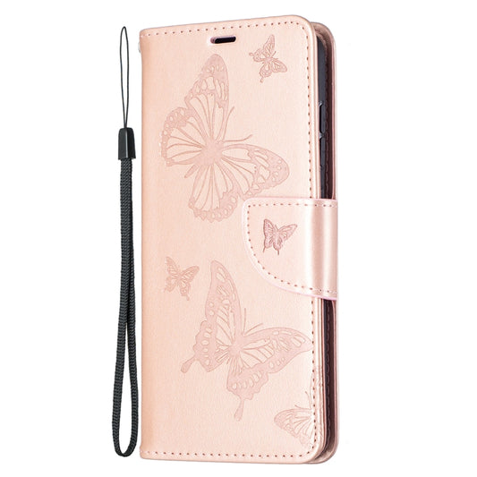 For Samsung Galaxy S21 FE Embossing Two Butterflies Pattern Horizontal Flip PU Leather Case with Holder & Card Slot & Wallet & Lanyard(Rose Gold) by buy2fix