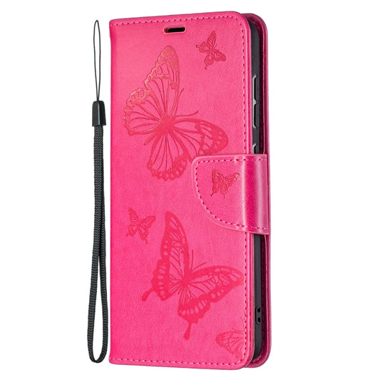 For Samsung Galaxy S21 FE Embossing Two Butterflies Pattern Horizontal Flip PU Leather Case with Holder & Card Slot & Wallet & Lanyard(Rose Red) by buy2fix