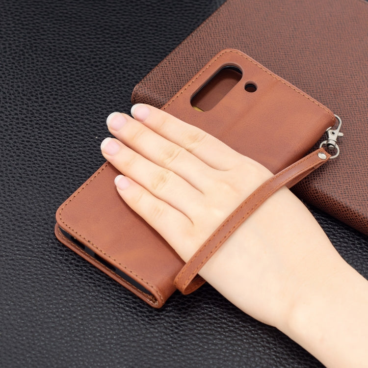 For Samsung Galaxy S21 FE Retro Lambskin Texture Pure Color Horizontal Flip PU Leather Case with Holder & Card Slots & Wallet & Lanyard(Brown) by buy2fix