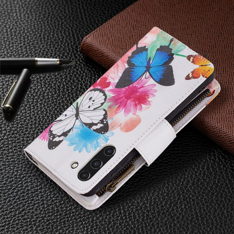 For Samsung Galaxy S21 FE Colored Drawing Pattern Zipper Horizontal Flip Leather Case with Holder & Card Slots & Wallet(Two Butterflies) by buy2fix