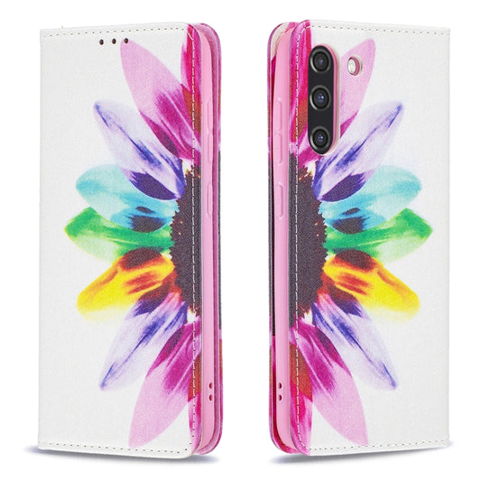 For Samsung Galaxy S21 FE Colored Drawing Pattern Invisible Magnetic Horizontal Flip PU Leather Case with Holder & Card Slots & Wallet(Sun Flower) by buy2fix