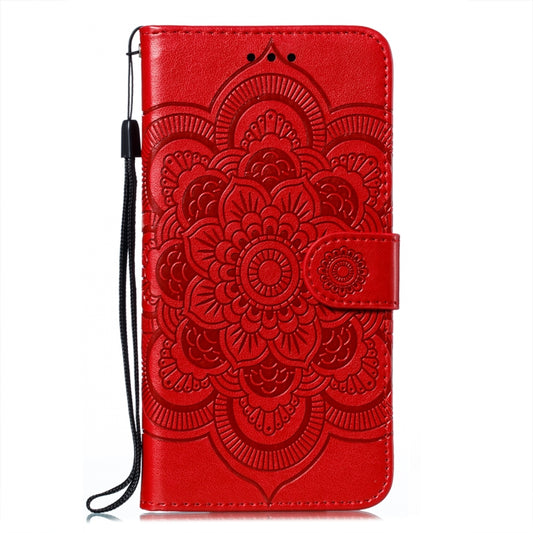 For Samsung Galaxy S21 FE Sun Mandala Embossing Pattern Horizontal Flip PU Leather Case with Holder & Card Slots & Wallet & Lanyard(Red) by buy2fix