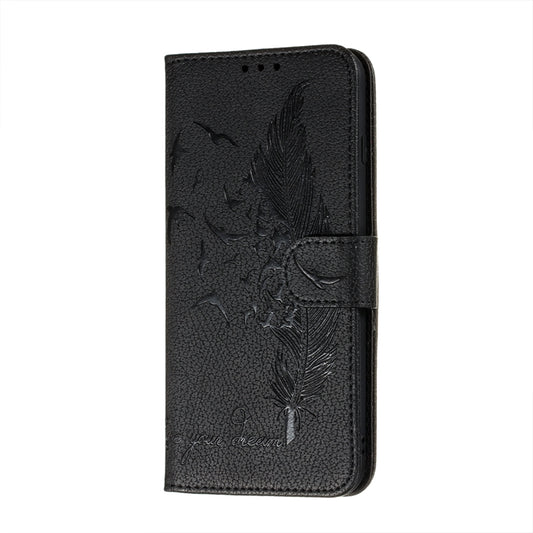 For Samsung Galaxy A22 5G Litchi Texture Feather Embossing Pattern Horizontal Flip Leather Case with Holder & Card Slots & Wallet & Photo Frame & Lanyard(Black) by buy2fix