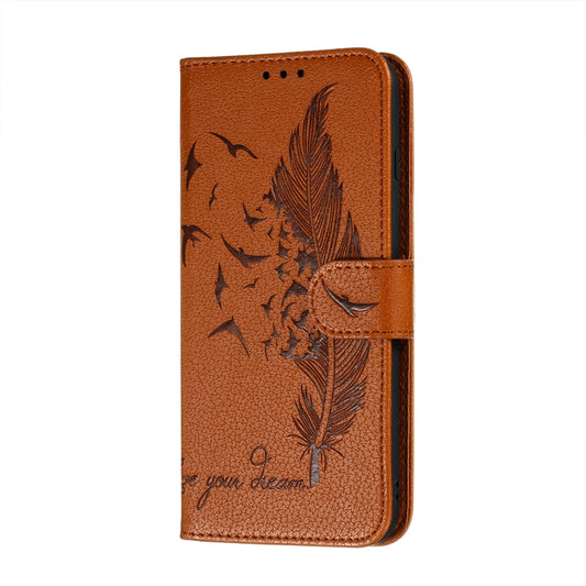 For Samsung Galaxy A22 5G Litchi Texture Feather Embossing Pattern Horizontal Flip Leather Case with Holder & Card Slots & Wallet & Photo Frame & Lanyard(Brown) by buy2fix