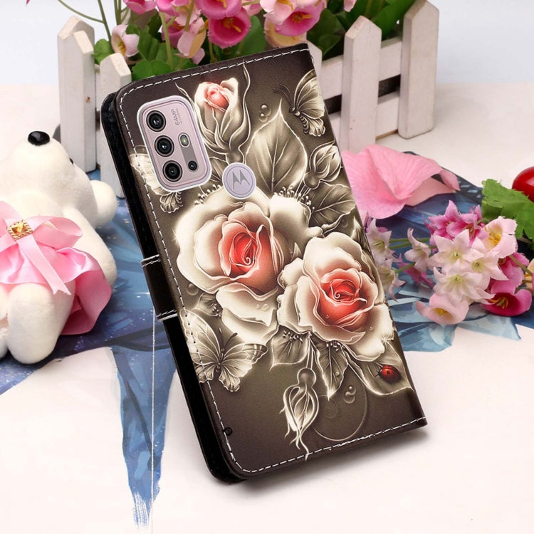 For Motorola Moto G30 / G10 / G10 Power Colored Drawing Pattern Plain Weave Horizontal Flip Leather Case with Holder & Card Slot & Wallet & Lanyard(Roses On Black) by buy2fix