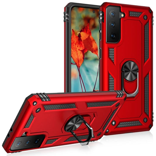 For Samsung Galaxy S21 FE Shockproof TPU + PC Protective Case with 360 Degree Rotating Holder(Red) by buy2fix