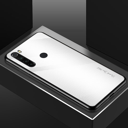 For Xiaomi Redmi Note 8 Carbon Fiber Texture Gradient Color Glass Case(White) by buy2fix