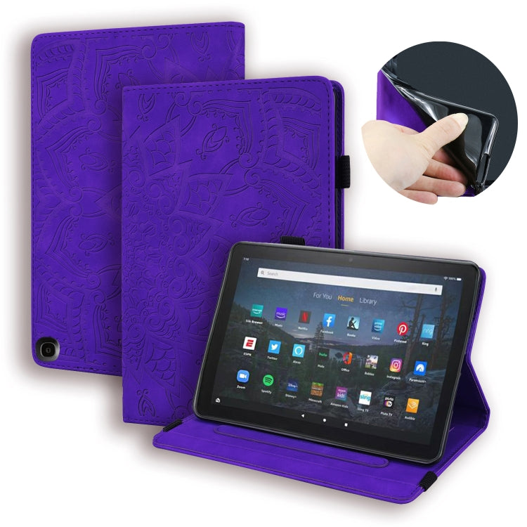 For Amazon Fire HD 10 2023 / 10 Plus (2021) Calf Pattern Double Folding Design Embossed Leather Case with Holder & Card Slots & Pen Slot & Elastic Band(Purple) - Amazon by buy2fix | Online Shopping UK | buy2fix