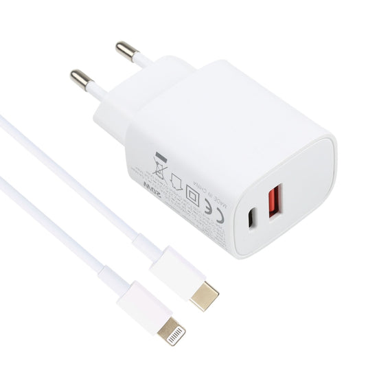 T087 20W USB-C / Type-C + USB Ports Charger with 100W Type-C to 8 Pin Fast Charging Cable 1m, EU Plug by buy2fix