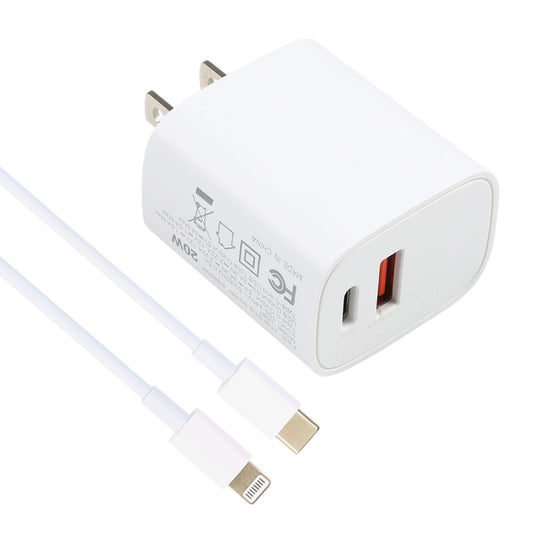U087 20W USB-C / Type-C + USB Ports Charger with 100W Type-C to 8 Pin Fast Charging Cable 2m, US Plug by buy2fix