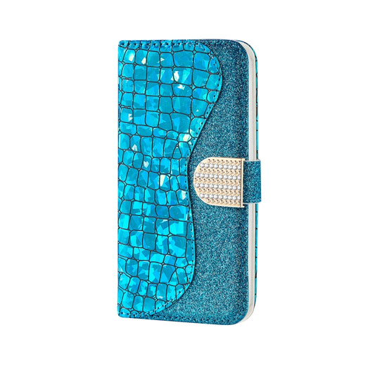 For Samsung Galaxy A22 5G Laser Glitter Powder Matching Crocodile Texture Horizontal Flip Leather Case with Card Slots & Holder & Wallet(Blue) by buy2fix