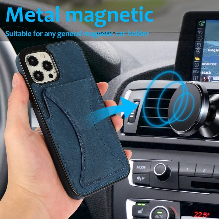 For iPhone 12 / 12 Pro Ultra-thin Shockproof Protective Case with Holder & Metal Magnetic Function(Blue) - iPhone 12 / 12 Pro Cases by buy2fix | Online Shopping UK | buy2fix
