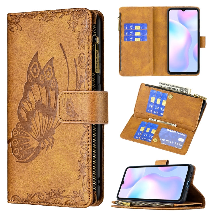 For Xiaomi Redmi 9A Flying Butterfly Embossing Pattern Zipper Horizontal Flip Leather Case with Holder & Card Slots & Wallet(Brown) - Xiaomi Cases by buy2fix | Online Shopping UK | buy2fix
