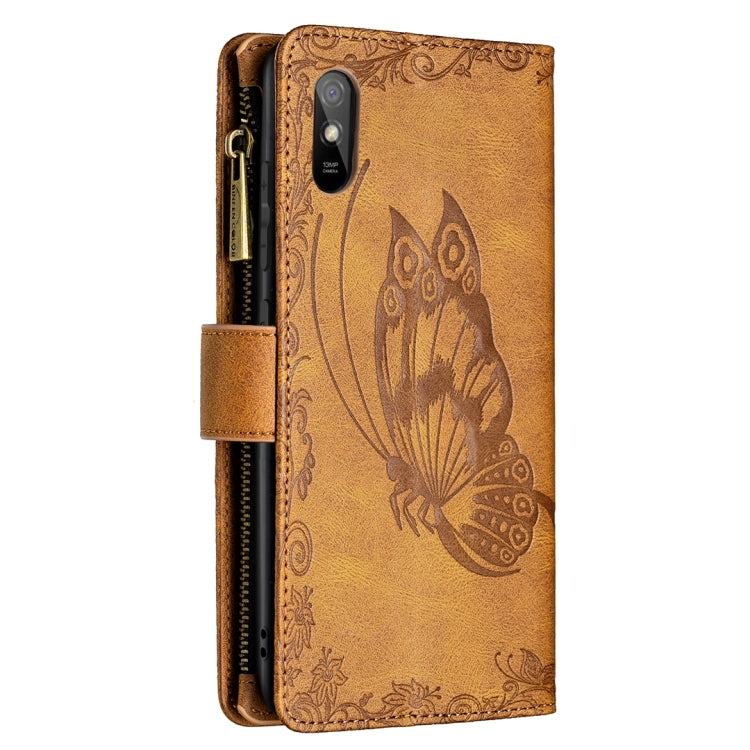For Xiaomi Redmi 9A Flying Butterfly Embossing Pattern Zipper Horizontal Flip Leather Case with Holder & Card Slots & Wallet(Brown) - Xiaomi Cases by buy2fix | Online Shopping UK | buy2fix
