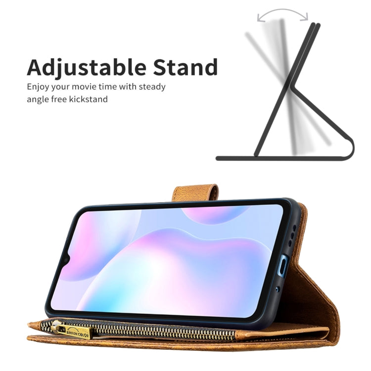 For Xiaomi Redmi 9A Flying Butterfly Embossing Pattern Zipper Horizontal Flip Leather Case with Holder & Card Slots & Wallet(Brown) - Xiaomi Cases by buy2fix | Online Shopping UK | buy2fix
