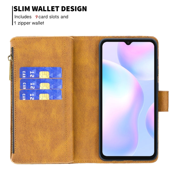 For Xiaomi Redmi 9A Flying Butterfly Embossing Pattern Zipper Horizontal Flip Leather Case with Holder & Card Slots & Wallet(Brown) - Xiaomi Cases by buy2fix | Online Shopping UK | buy2fix