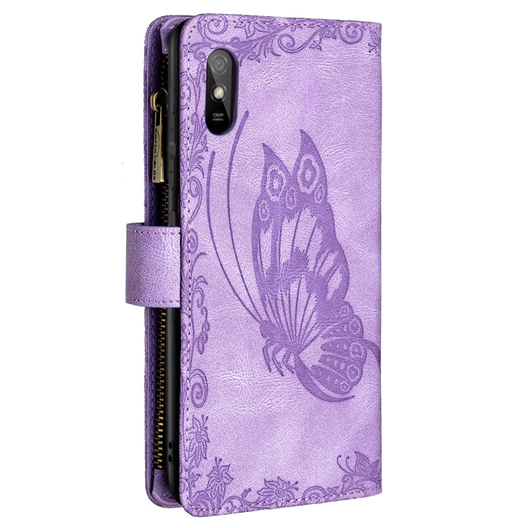 For Xiaomi Redmi 9A Flying Butterfly Embossing Pattern Zipper Horizontal Flip Leather Case with Holder & Card Slots & Wallet(Purple) - Xiaomi Cases by buy2fix | Online Shopping UK | buy2fix