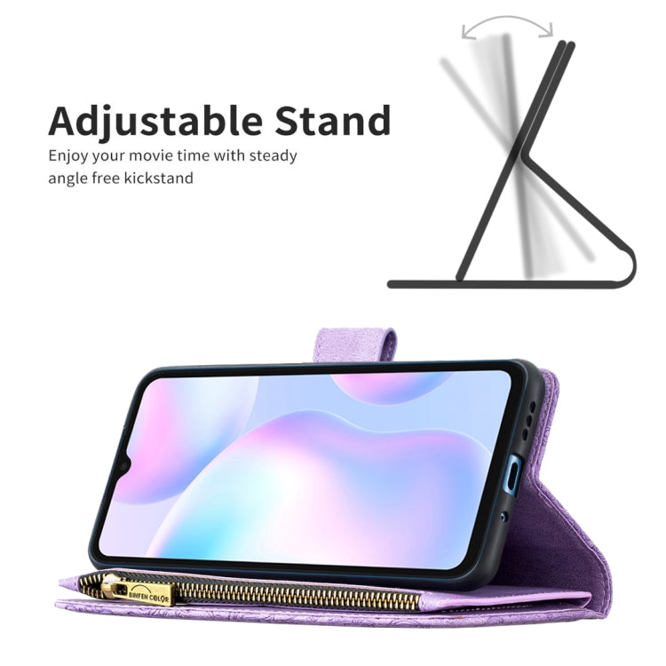 For Xiaomi Redmi 9A Flying Butterfly Embossing Pattern Zipper Horizontal Flip Leather Case with Holder & Card Slots & Wallet(Purple) - Xiaomi Cases by buy2fix | Online Shopping UK | buy2fix