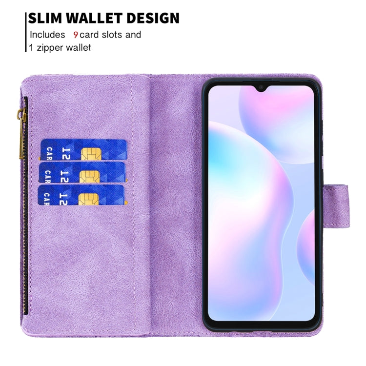 For Xiaomi Redmi 9A Flying Butterfly Embossing Pattern Zipper Horizontal Flip Leather Case with Holder & Card Slots & Wallet(Purple) - Xiaomi Cases by buy2fix | Online Shopping UK | buy2fix