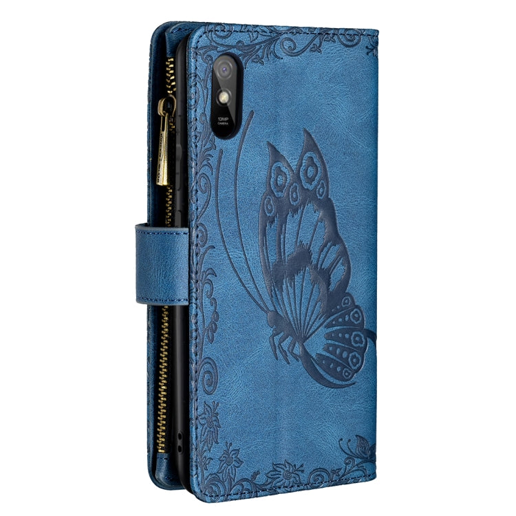 For Xiaomi Redmi 9A Flying Butterfly Embossing Pattern Zipper Horizontal Flip Leather Case with Holder & Card Slots & Wallet(Blue) - Xiaomi Cases by buy2fix | Online Shopping UK | buy2fix