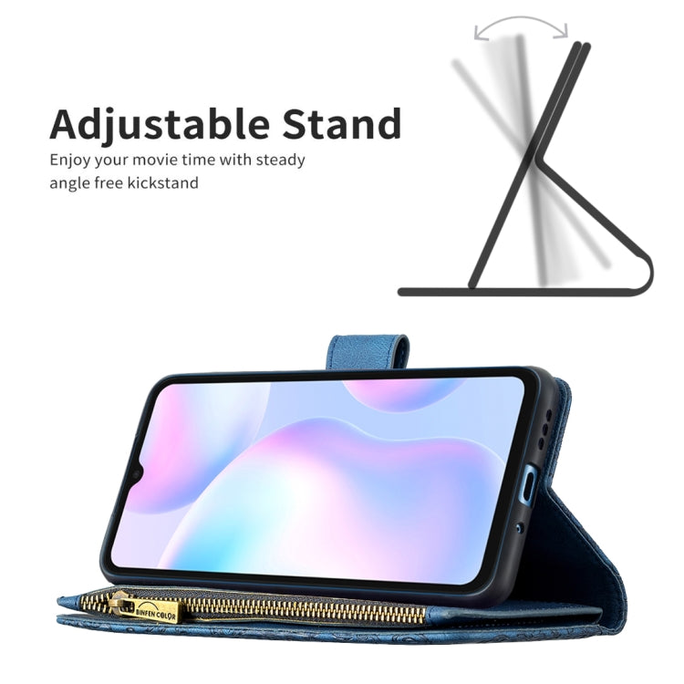 For Xiaomi Redmi 9A Flying Butterfly Embossing Pattern Zipper Horizontal Flip Leather Case with Holder & Card Slots & Wallet(Blue) - Xiaomi Cases by buy2fix | Online Shopping UK | buy2fix