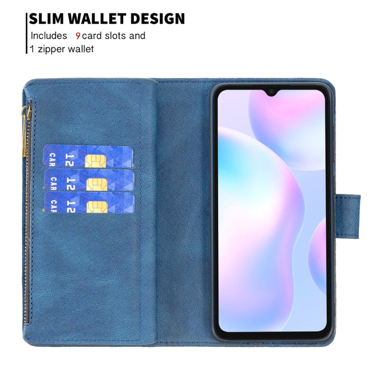 For Xiaomi Redmi 9A Flying Butterfly Embossing Pattern Zipper Horizontal Flip Leather Case with Holder & Card Slots & Wallet(Blue) - Xiaomi Cases by buy2fix | Online Shopping UK | buy2fix