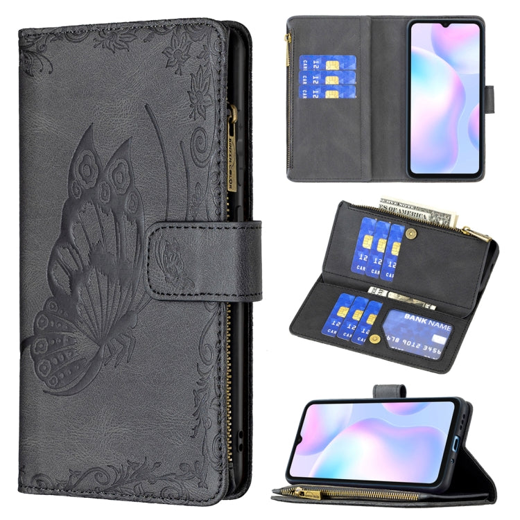 For Xiaomi Redmi 9A Flying Butterfly Embossing Pattern Zipper Horizontal Flip Leather Case with Holder & Card Slots & Wallet(Black) - Xiaomi Cases by buy2fix | Online Shopping UK | buy2fix
