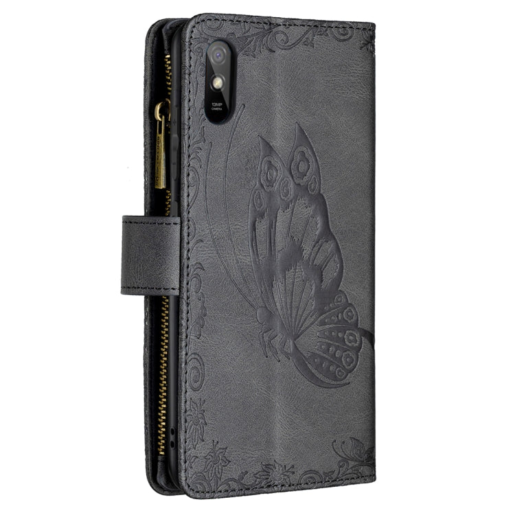 For Xiaomi Redmi 9A Flying Butterfly Embossing Pattern Zipper Horizontal Flip Leather Case with Holder & Card Slots & Wallet(Black) - Xiaomi Cases by buy2fix | Online Shopping UK | buy2fix