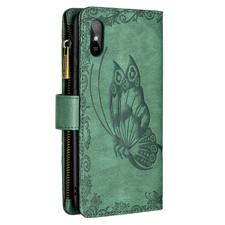 For Xiaomi Redmi 9A Flying Butterfly Embossing Pattern Zipper Horizontal Flip Leather Case with Holder & Card Slots & Wallet(Green) - Xiaomi Cases by buy2fix | Online Shopping UK | buy2fix