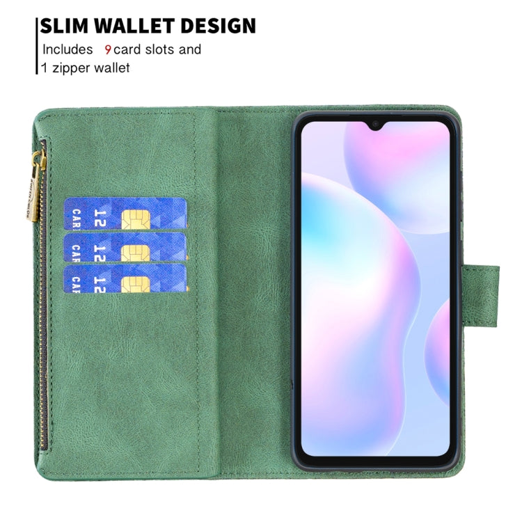 For Xiaomi Redmi 9A Flying Butterfly Embossing Pattern Zipper Horizontal Flip Leather Case with Holder & Card Slots & Wallet(Green) - Xiaomi Cases by buy2fix | Online Shopping UK | buy2fix