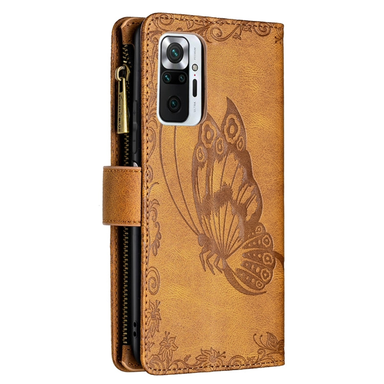 For Xiaomi Redmi Note 10 Pro Flying Butterfly Embossing Pattern Zipper Horizontal Flip Leather Case with Holder & Card Slots & Wallet(Brown) - Xiaomi Cases by buy2fix | Online Shopping UK | buy2fix