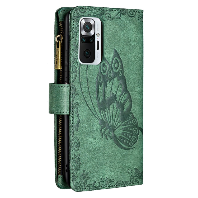 For Xiaomi Redmi Note 10 Pro Flying Butterfly Embossing Pattern Zipper Horizontal Flip Leather Case with Holder & Card Slots & Wallet(Green) - Xiaomi Cases by buy2fix | Online Shopping UK | buy2fix