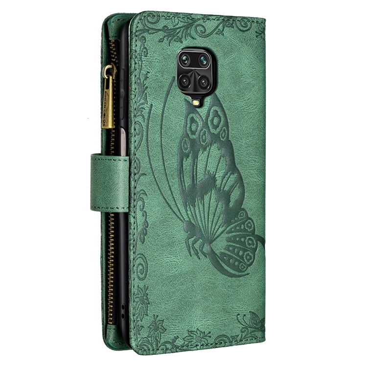 For Xiaomi Redmi Note 9 Pro Max Flying Butterfly Embossing Pattern Zipper Horizontal Flip Leather Case with Holder & Card Slots & Wallet(Green) - Xiaomi Cases by buy2fix | Online Shopping UK | buy2fix
