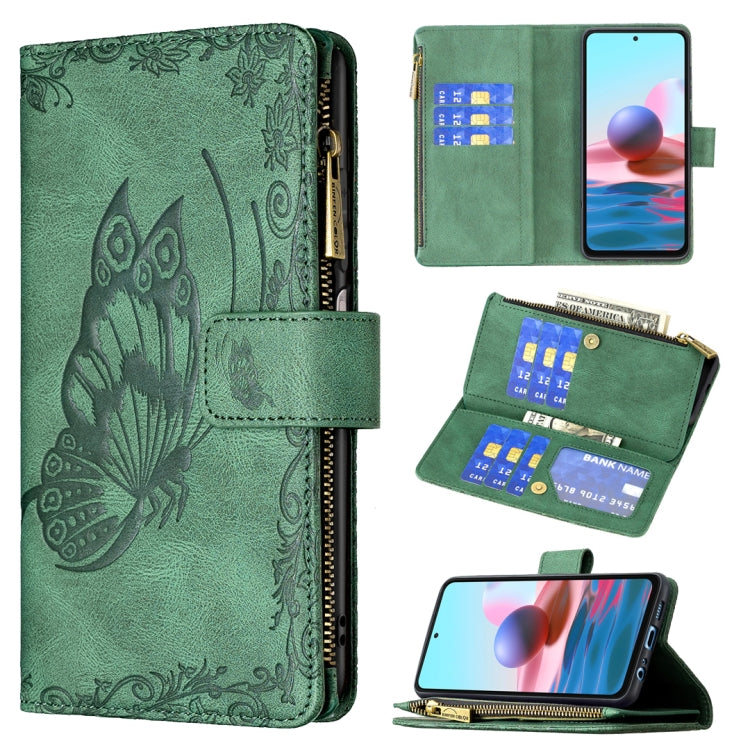 For Xiaomi Redmi Note 10 4G Flying Butterfly Embossing Pattern Zipper Horizontal Flip Leather Case with Holder & Card Slots & Wallet(Green) - Xiaomi Cases by buy2fix | Online Shopping UK | buy2fix