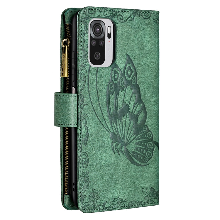For Xiaomi Redmi Note 10 4G Flying Butterfly Embossing Pattern Zipper Horizontal Flip Leather Case with Holder & Card Slots & Wallet(Green) - Xiaomi Cases by buy2fix | Online Shopping UK | buy2fix