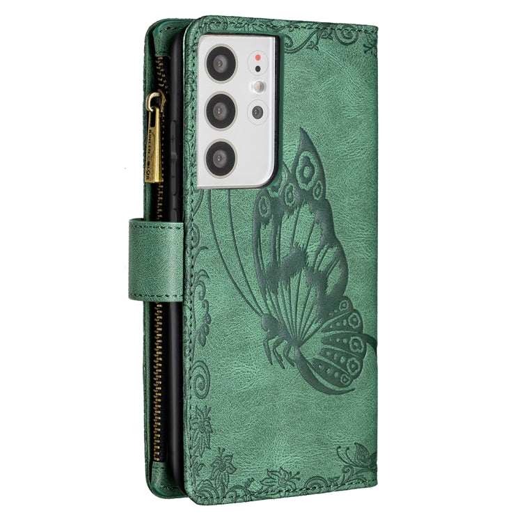 For Samsung Galaxy S21 Ultra 5G Flying Butterfly Embossing Pattern Zipper Horizontal Flip Leather Case with Holder & Card Slots & Wallet(Green) - Galaxy S21 Ultra 5G Cases by buy2fix | Online Shopping UK | buy2fix